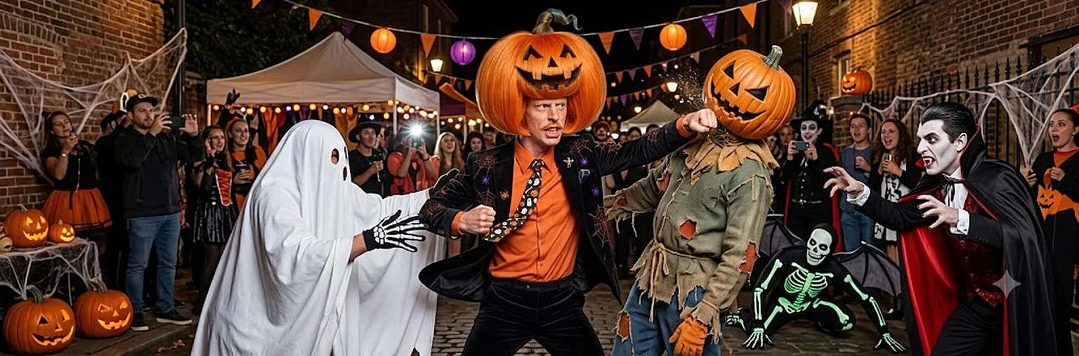 The midnight crowd watching Philloween jab a scarecrow