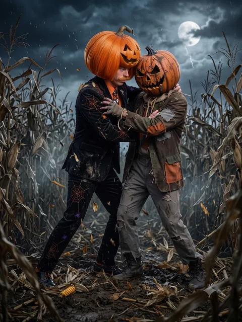 Philloween wrestling a pumpkin-headed scarecrow in a cornfield